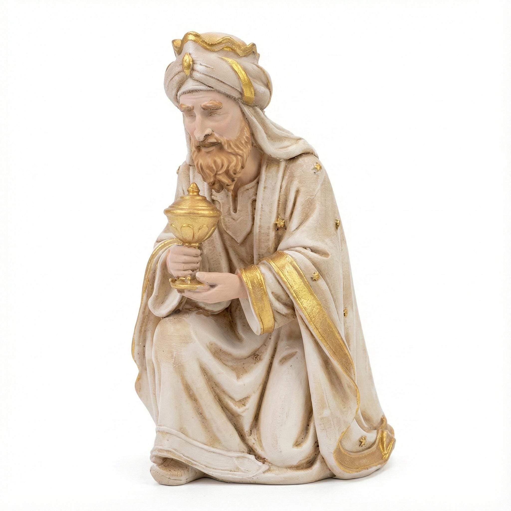 Melchior Kneeling Wise Man Figurine with Gold Accents, Hand-Painted Nativity King Holding Gift for Christmas Display