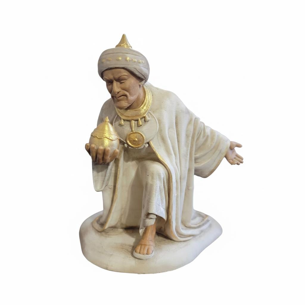 Kneeling Nativity Wise Man Figurine with Gold Accented Gift, Hand-Painted Christmas Decoration for Traditional Nativity Scenes