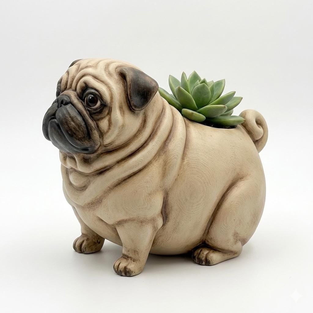 Cute Pug Dog Planter Figurine for Succulents or Small Plants, Realistic Wrinkled Pug Sculpture, Home Desk Decor Gift