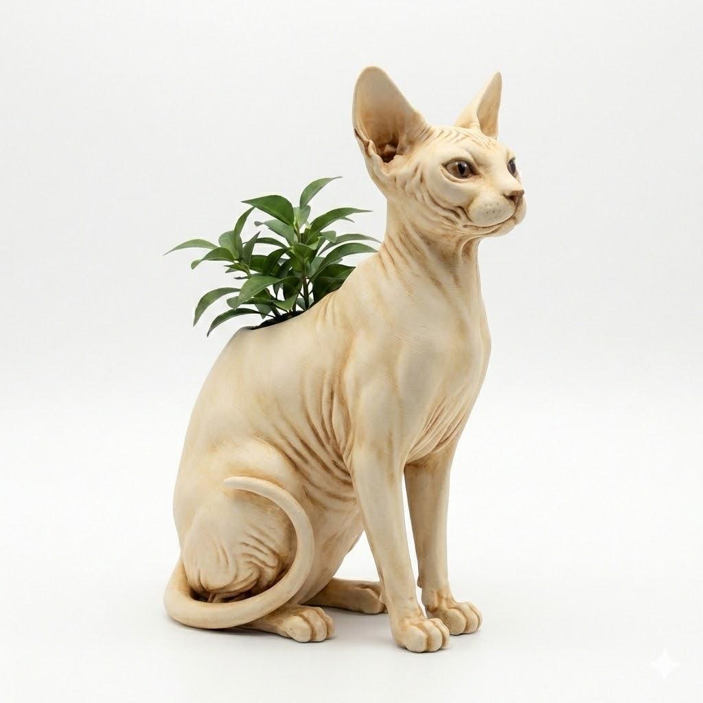 Sphynx Cat Planter Sculpture Modern Hairless Cat Decor Indoor Succulent Pot Minimalist Home Office Desk Accent Gift