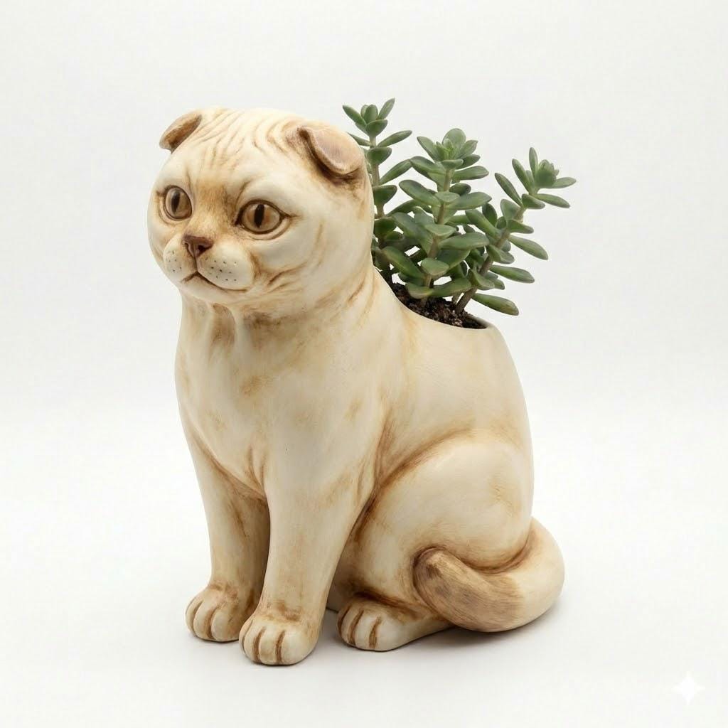 Scottish Fold Cat Planter Sitting Sculpture with Folded Ears and Round Eyes Cute Indoor Succulent Pot Modern Animal Home Decor Gift