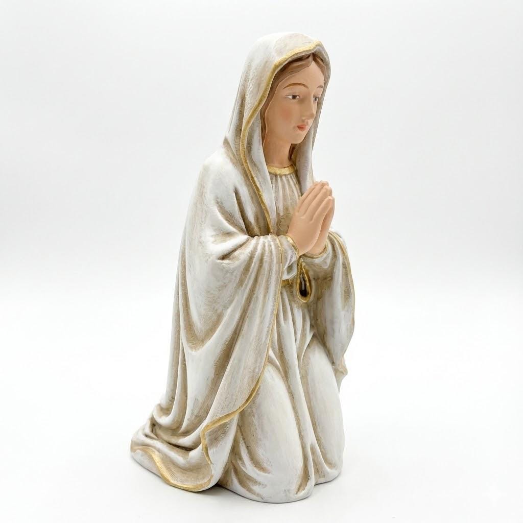 Kneeling Virgin Mary Nativity Figurine Hand Painted in Antique White and Gold for Christmas Creche Religious Decor Display