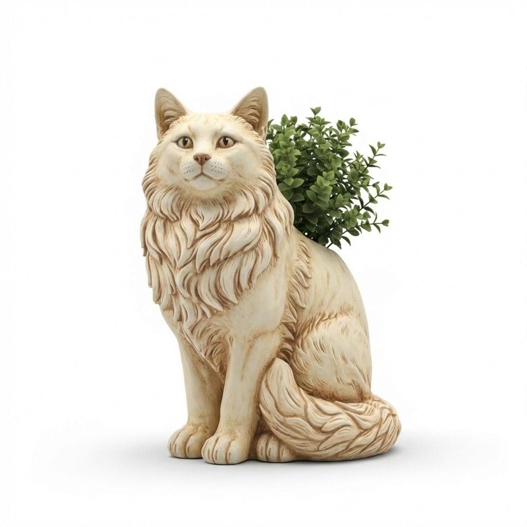 Norwegian Forest Cat Planter Sculpture with Thick Engraved Mane and Sturdy Body Decorative Animal Pot for Home Desk Shelf Decor
