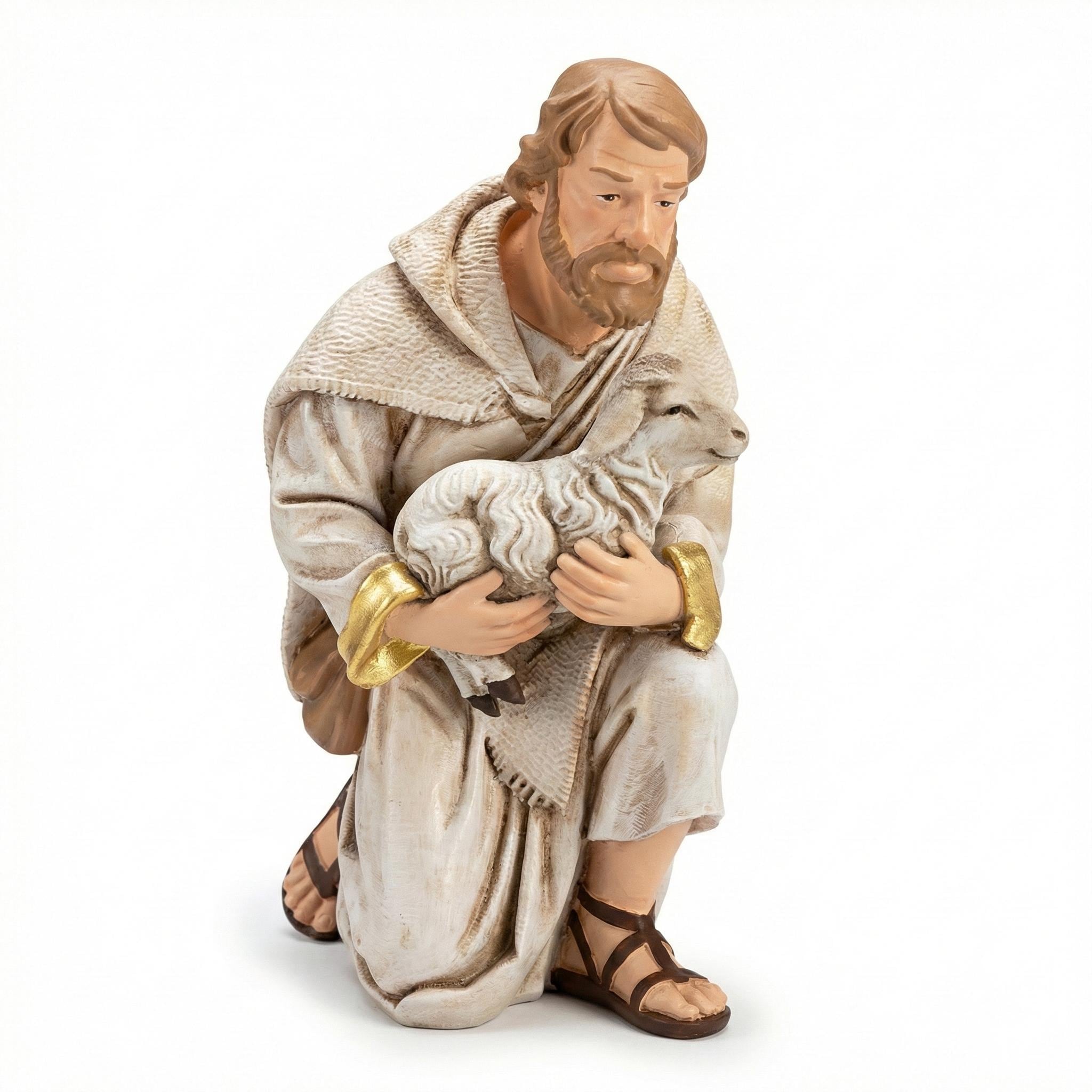Kneeling Shepherd Holding Lamb Nativity Figurine Hand Painted Christmas Creche Figure Rustic Religious Holiday Home Decor