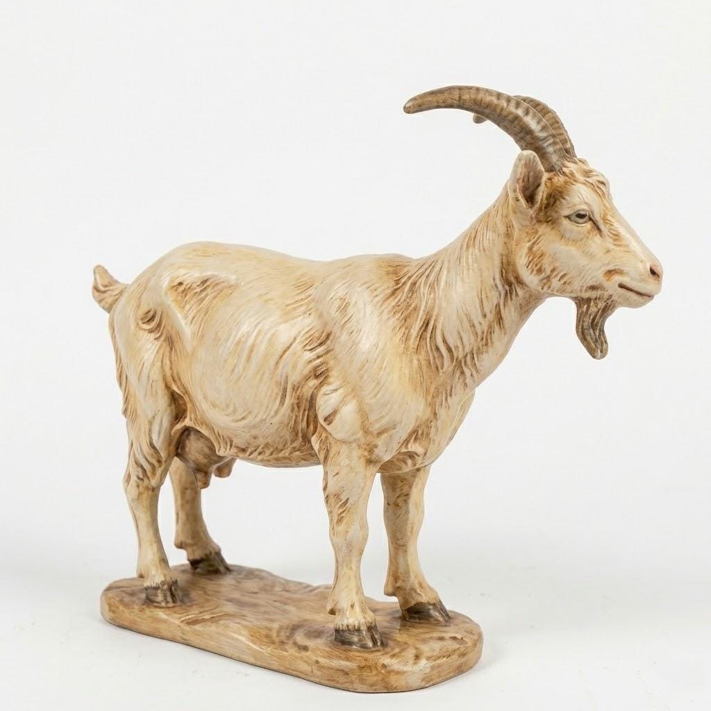 Standing Goat Nativity Figurine with Curved Horns and Beard Rustic Farm Animal Sculpture for Christmas Creche Display