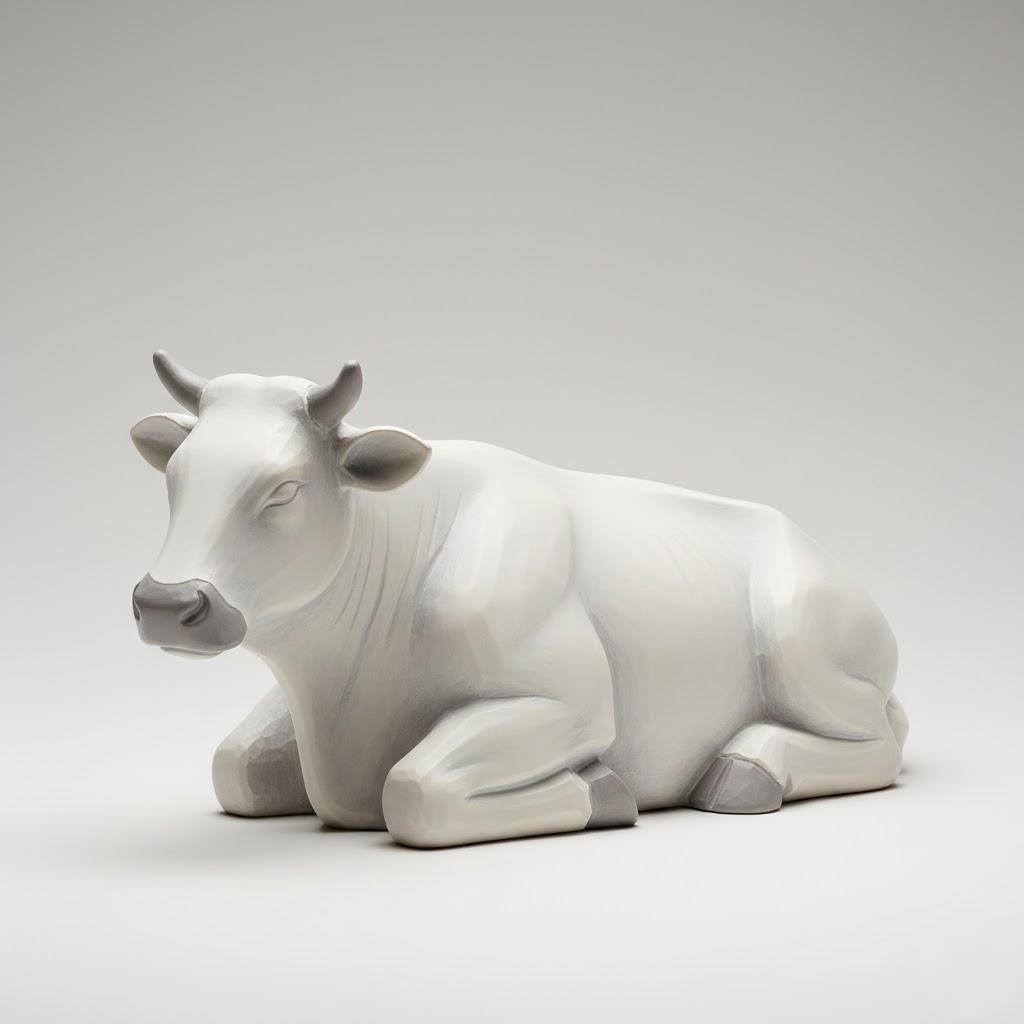 Nordic Scandinavian Nativity Cow Figurine Resting Calmly 3D Printed Minimalist Sculpture Matte Off White Gray Modern Decord