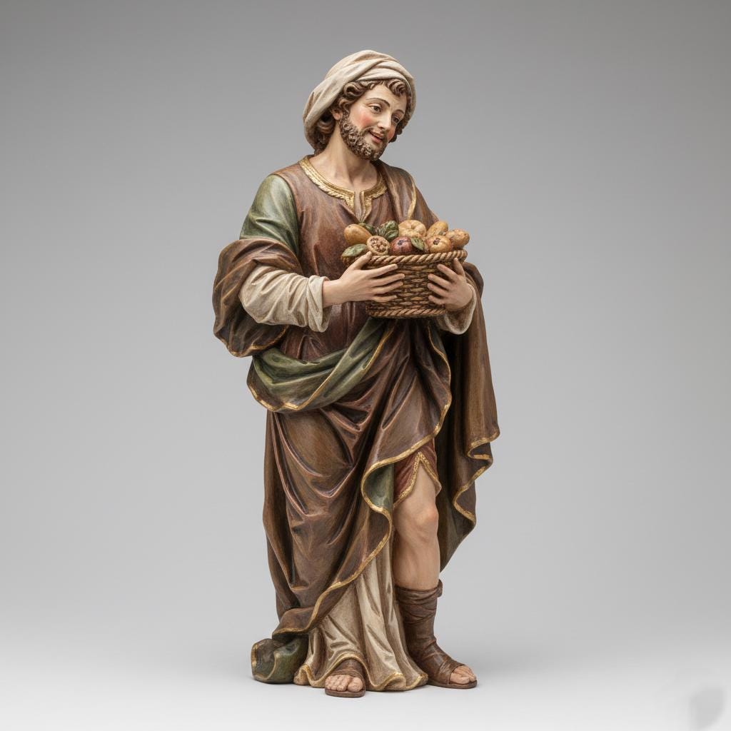 Italian Baroque Nativity Shepherd Figurine Holding Basket Offering Religious Christmas Sculpture Collector Display Piece Decor