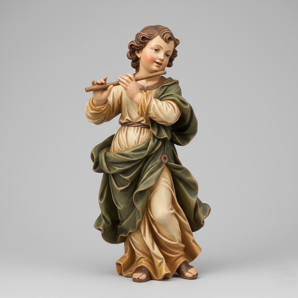 Italian Baroque Nativity Shepherd Boy Figurine Holding Flute Standing Youth Sculpture Religious Christmas Decor Collector Piece