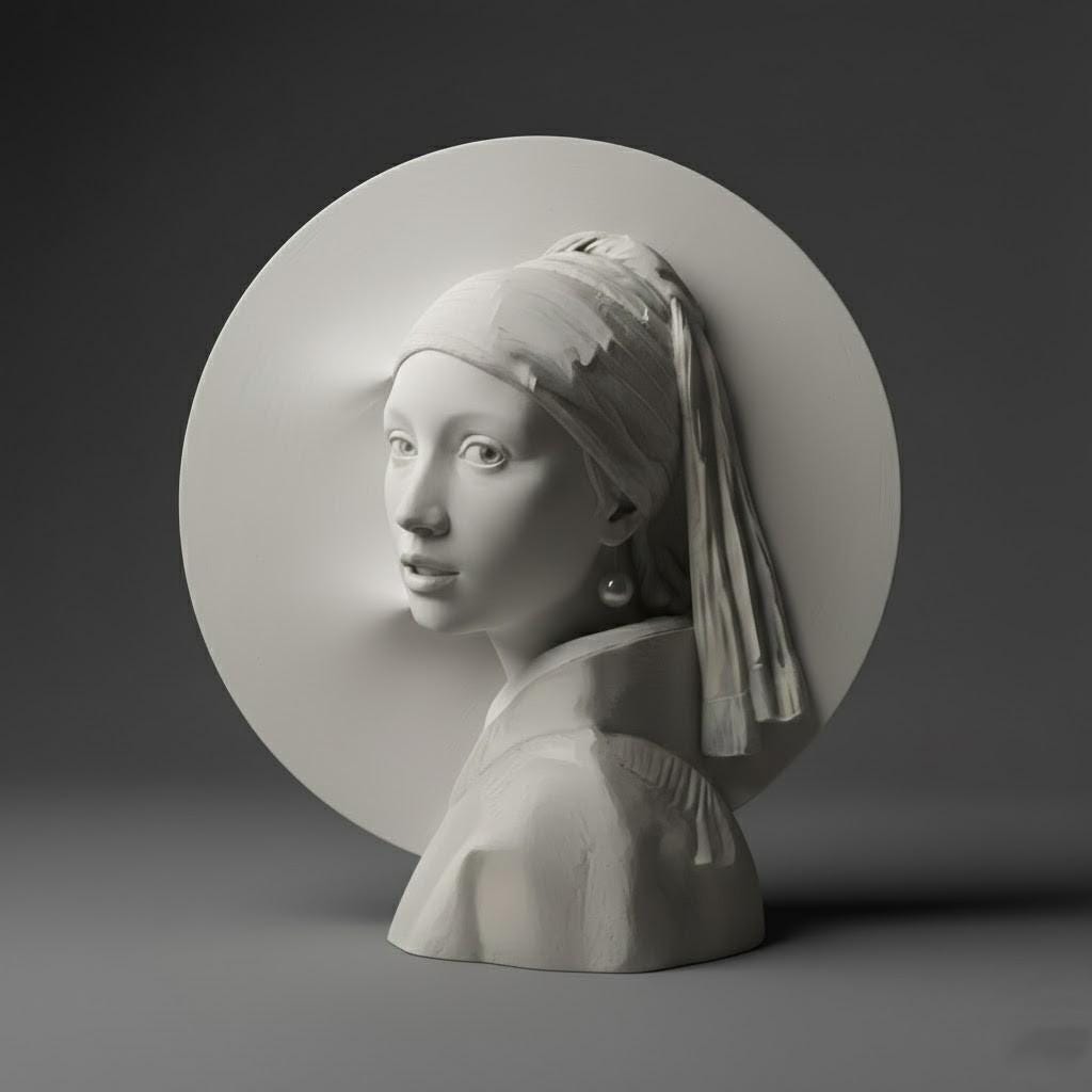 Girl with a Pearl Earring Sculpture Relief - Painting to Sculpture Art Object, Classical Portrait Wall Sculpture