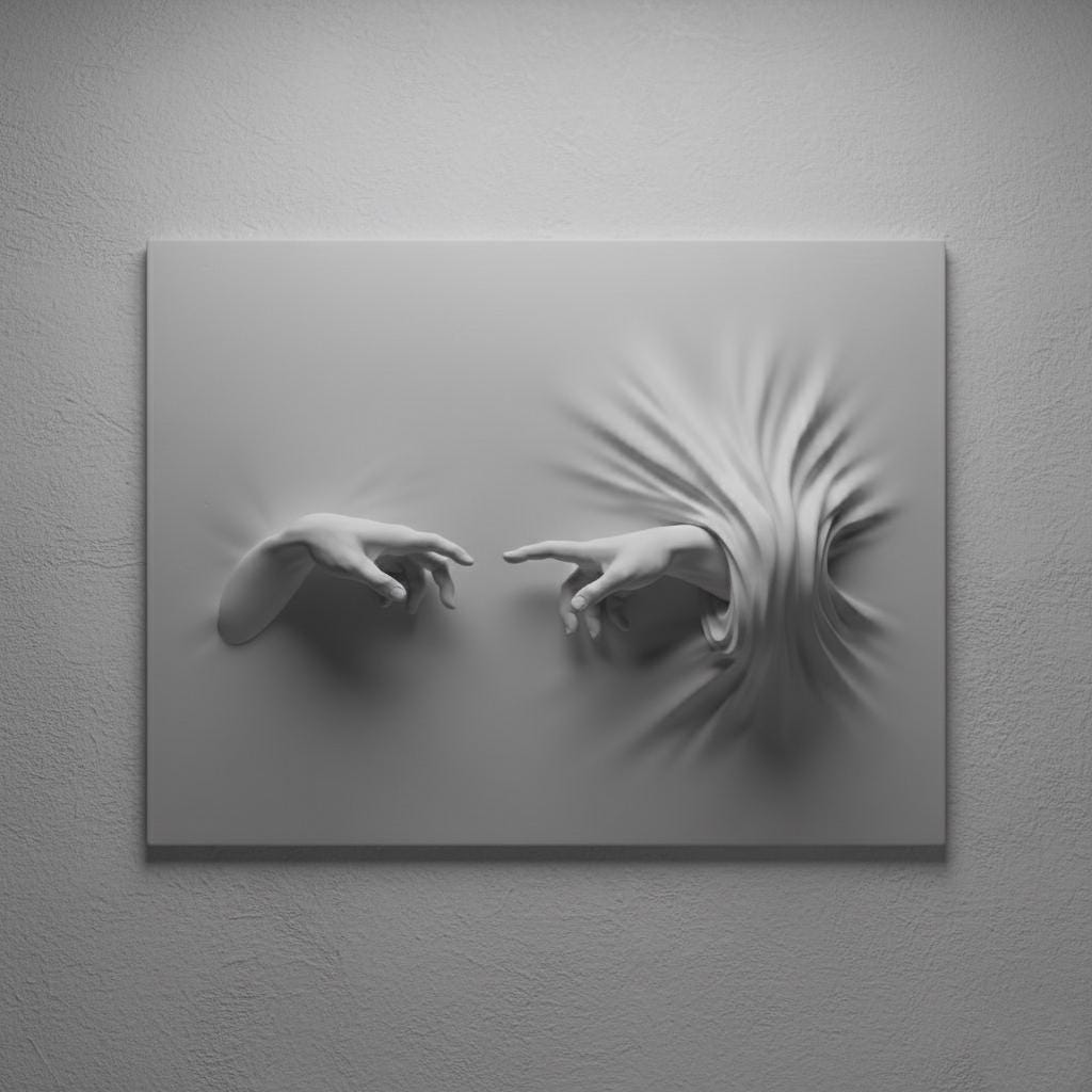 Michelangelo Creation of Adam Hands Sculpture Relief - 3D Wall Art in Matte Plaster, Painting to Sculpture Transition