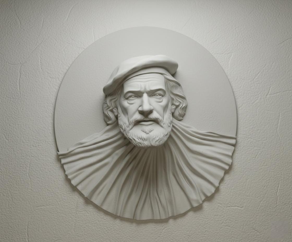 Rembrandt Self-Portrait Sculpture Relief - Painting to Sculpture Transition Wall Art- Renaissance Inspired 3D Portrait in Matte Stone Finish
