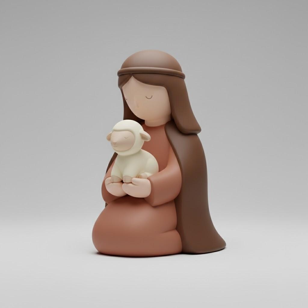 Pop Minimalist Nativity Shepherd Figurine Kneeling with Lamb 3D Printed Decor Modern Christmas Scene Matte Earth Tones