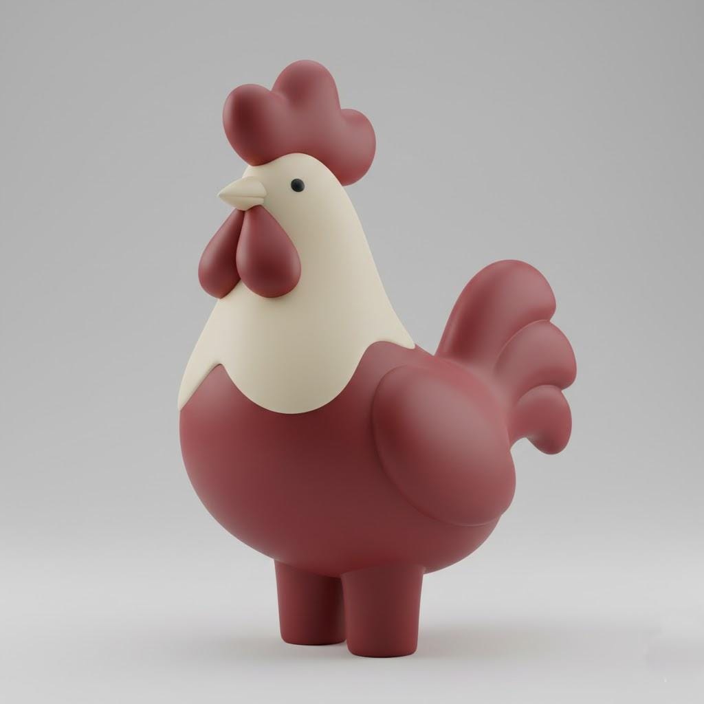 Pop Minimalist Rooster Figurine 3D Printed in Matte Red and Cream, Modern Farm Decor Sculpture, Cute Stylized Chicken Ornament