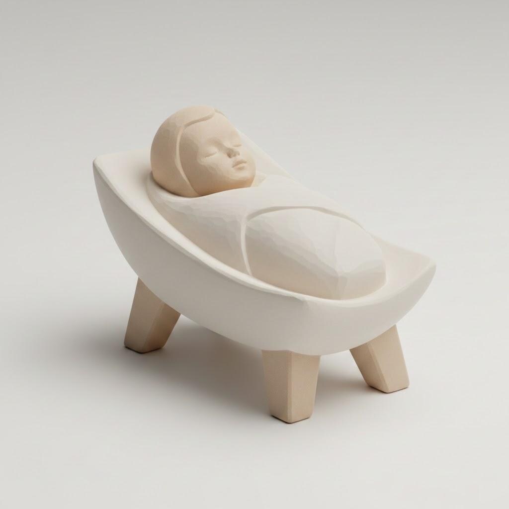 Nordic Scandinavian Baby Jesus Nativity Figurine Minimalist Manger 3D Printed Matte Off White Sand Tones Modern Decor ScandiStyle Set Gifts
