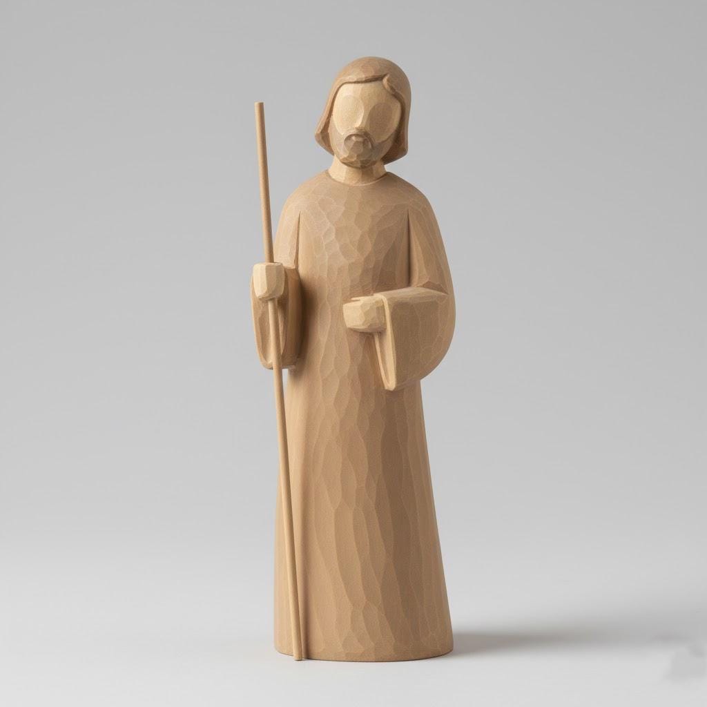 Nordic Scandinavian Saint Joseph Nativity Figurine 3D Printed Minimalist Wooden Style Standing with Staff Modern Christmas Decor
