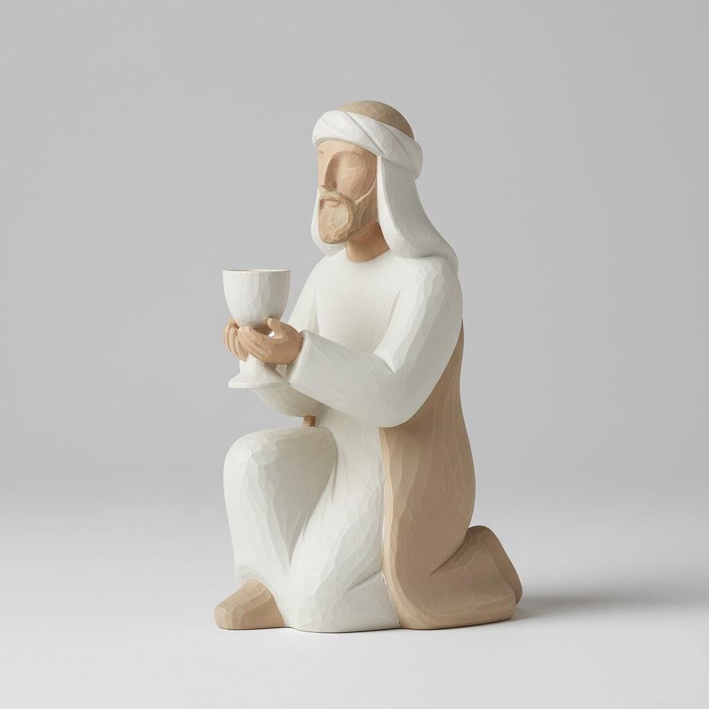 Nordic Scandinavian King Melchior Nativity Figurine Kneeling With Chalice Minimalist Carved Style Matte Finish Modern Christmas Decor