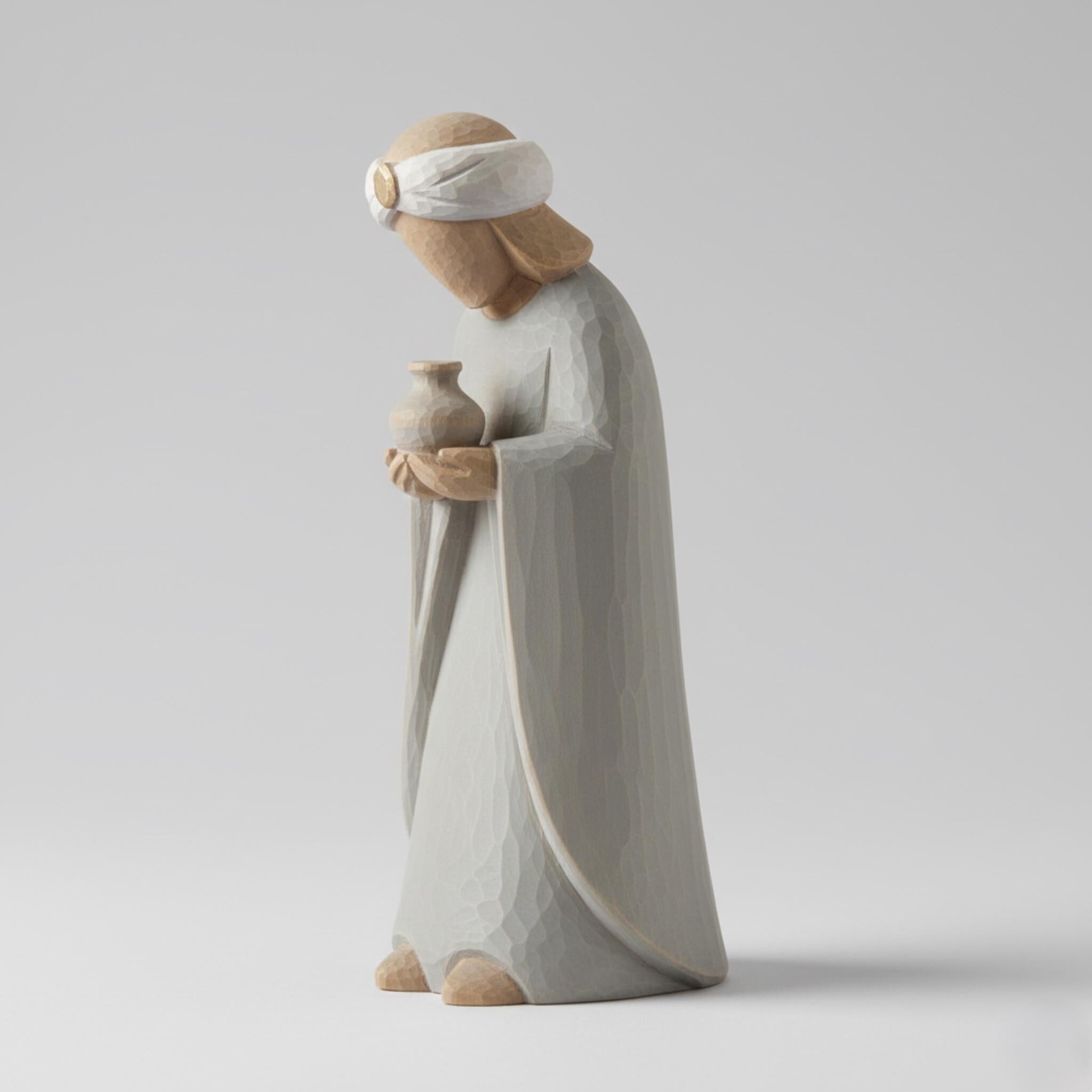 Nordic Scandinavian King Gaspar Nativity Figurine 3D Printed Minimalist Carved Style Matte Gray Sand Holiday Decor