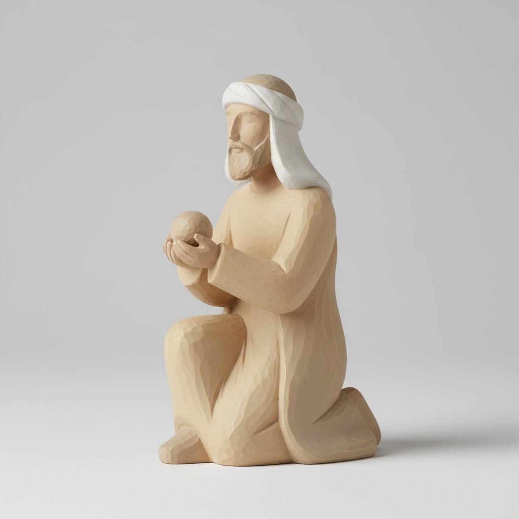 Nordic Scandinavian Nativity King Balthazar Kneeling Figurine Minimalist 3D Printed Sculpture Matte Wood Tone Decor Gift Holiday Art Set S