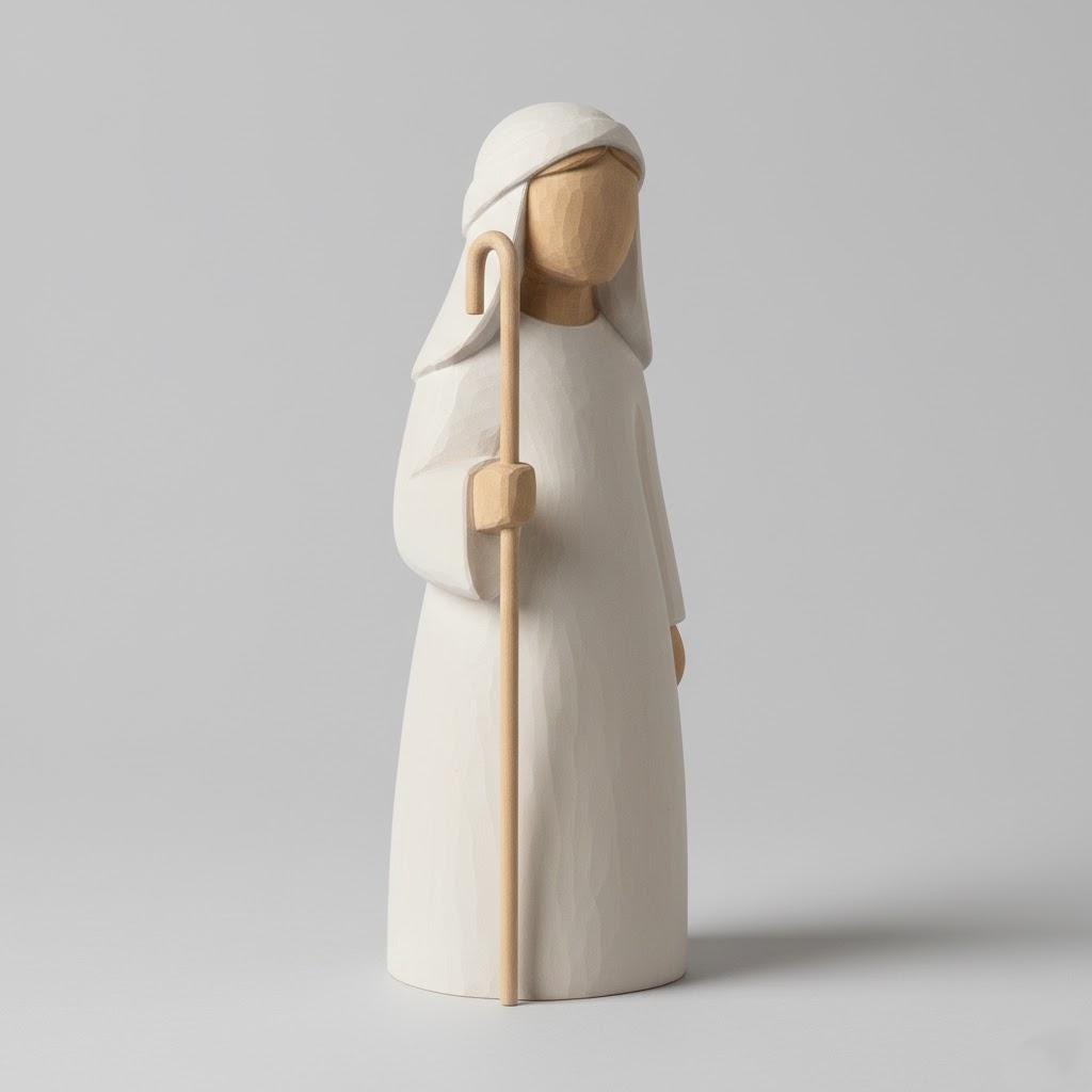 Nordic Scandinavian Shepherd Nativity Figurine Minimalist 3D Printed Standing Shepherd with Staff Matte Wood Style Decor