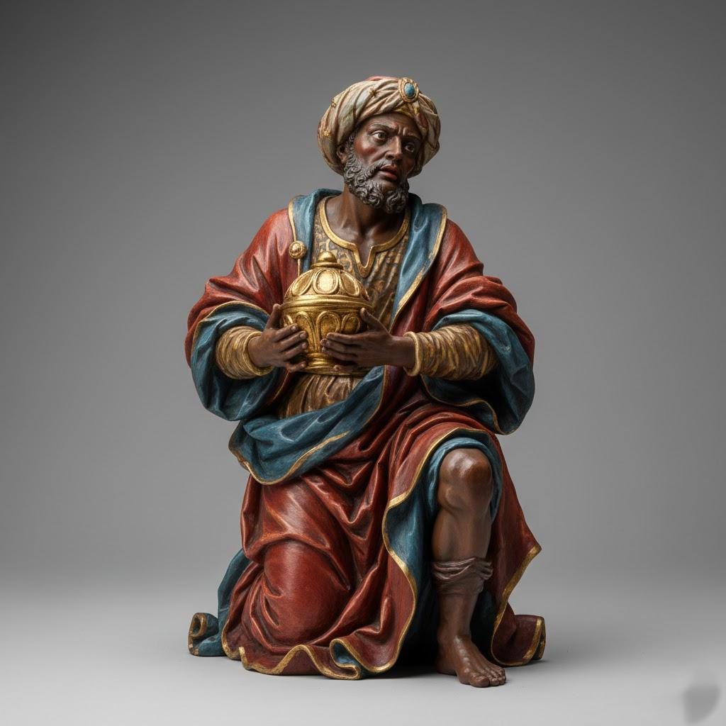 Italian Baroque King Balthazar Kneeling Nativity Figurine Ornate Gift Vessel Devotional Christmas Sculpture 3D Printed Religious Display