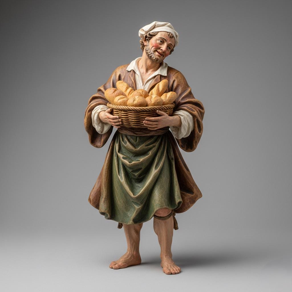 Italian Baroque Nativity Baker Figurine Holding Bread Basket Standing Human Sculpture Religious Christmas Display Decor