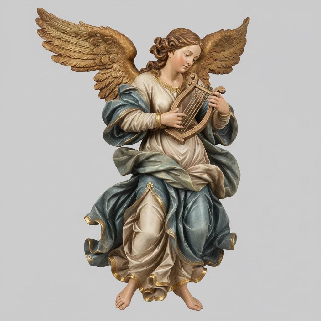 Italian Baroque Angel Figurine Nativity Harp Sculpture Religious Collector Decor Detailed Wings Drapery Classical Sacred Display Piece