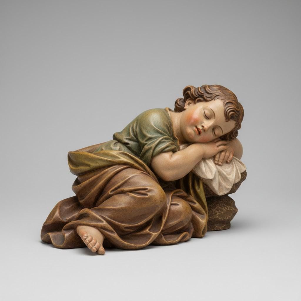 Italian Baroque Nativity Sleeping Shepherd Boy Figurine Resting Companion Scene Element Sculptural Collectible Religious Display Piece