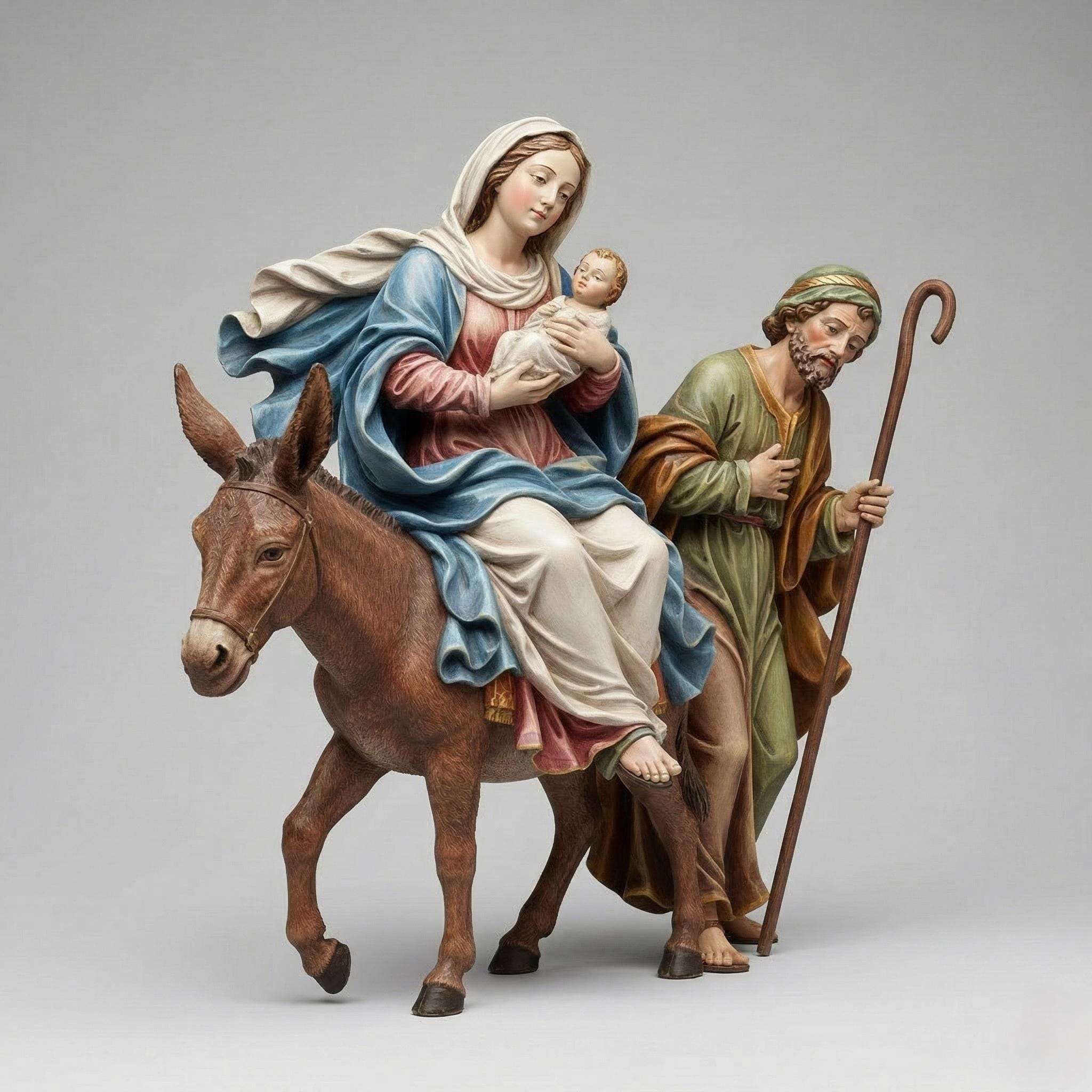 Italian Baroque Holy Family Donkey Figurine Mary Joseph Baby Jesus Religious Sculpture Nativity Scene Collector Decor Sacred Art Statue