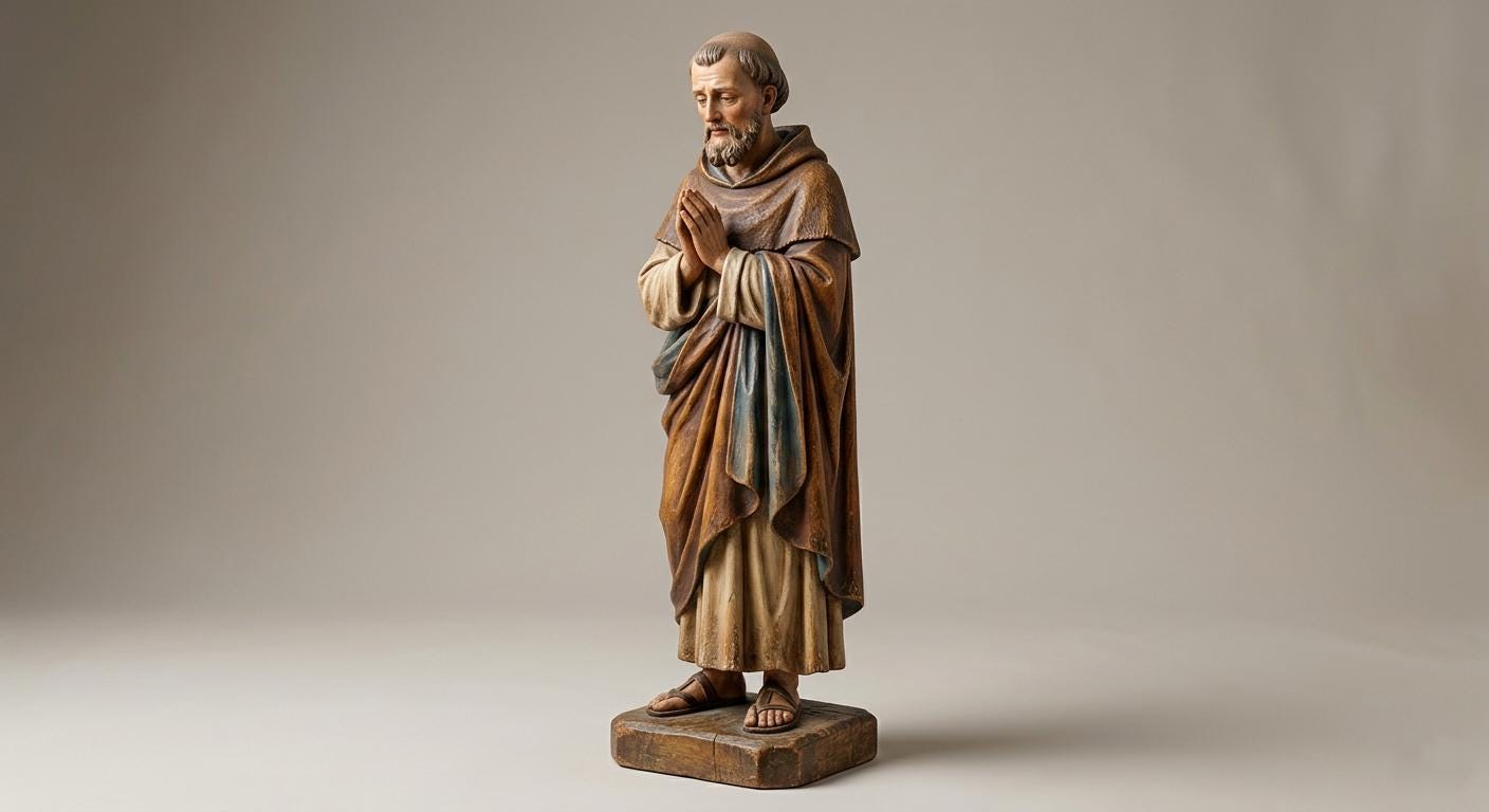 Polychrome Religious Figurine Praying Man Standing Devotional Sculpture Humble Prayer Figure Museum Style Spiritual Christian Decor Statue