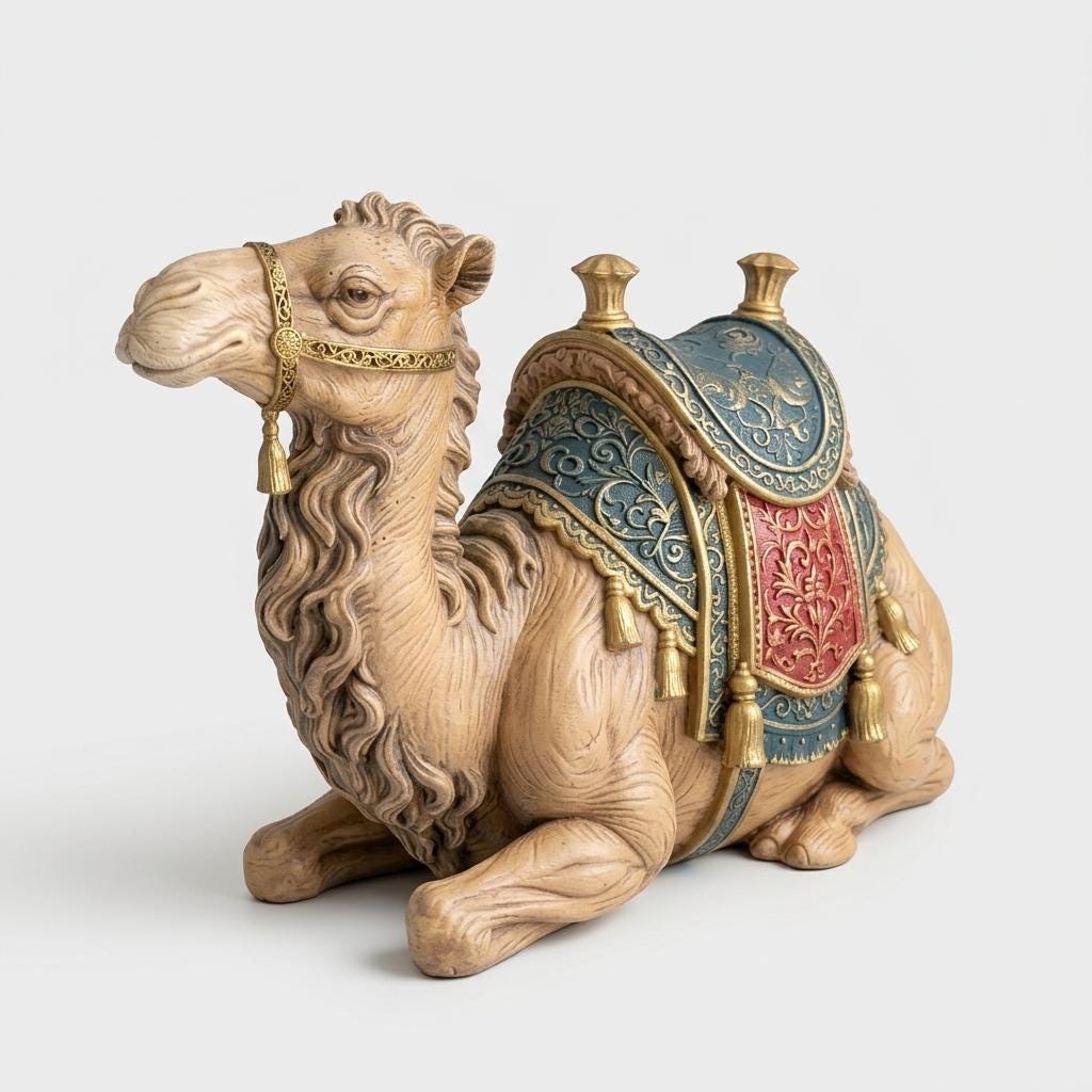 Italian Baroque Nativity Camel Figurine Seated with Ornate Saddle Classical Decorative Christmas Display Sculpture Accent Piece