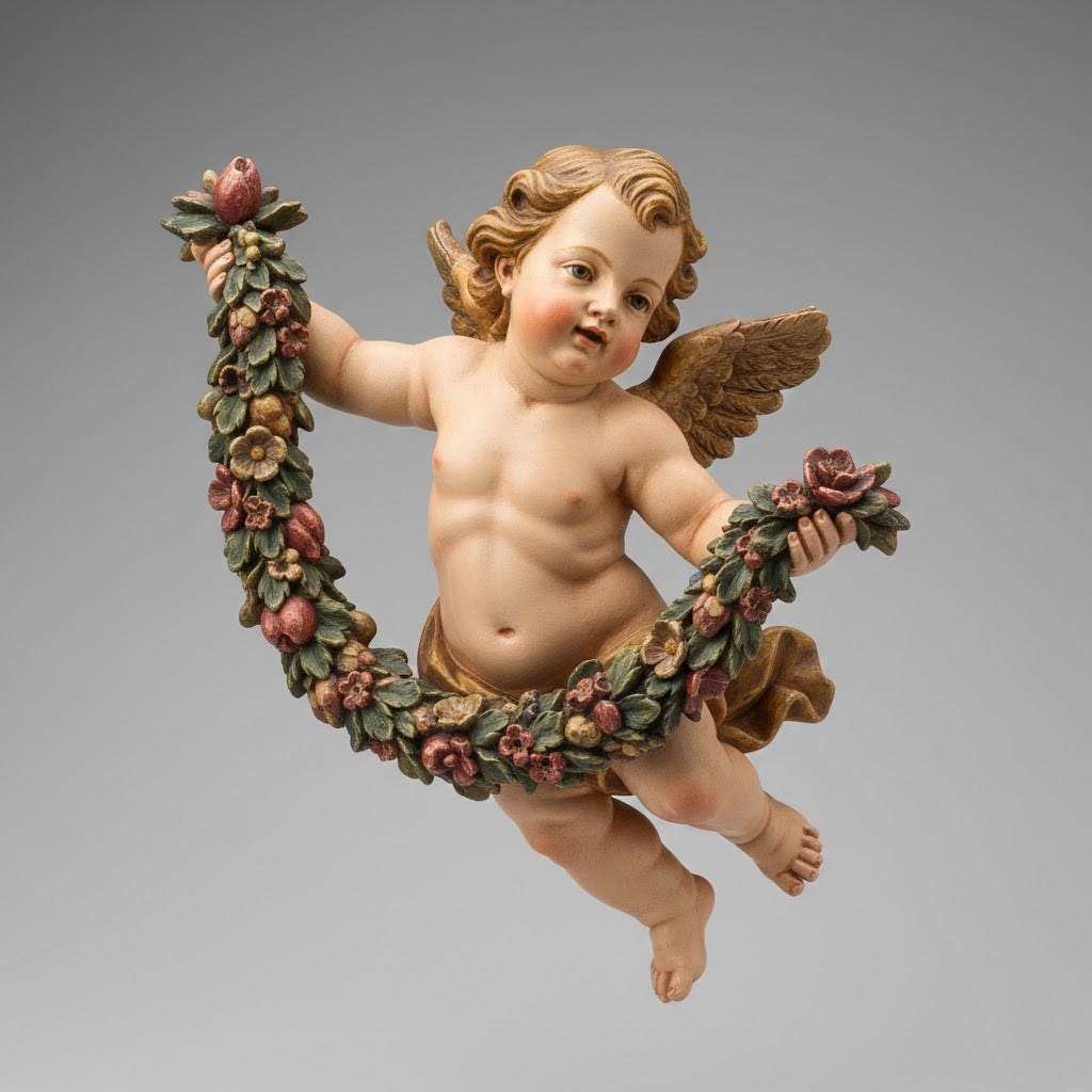 Baroque Style Angel Cherub Figurine Floral Garland Putti Sculpture Decorative Religious Collectible Home Decor Statue Display Piece