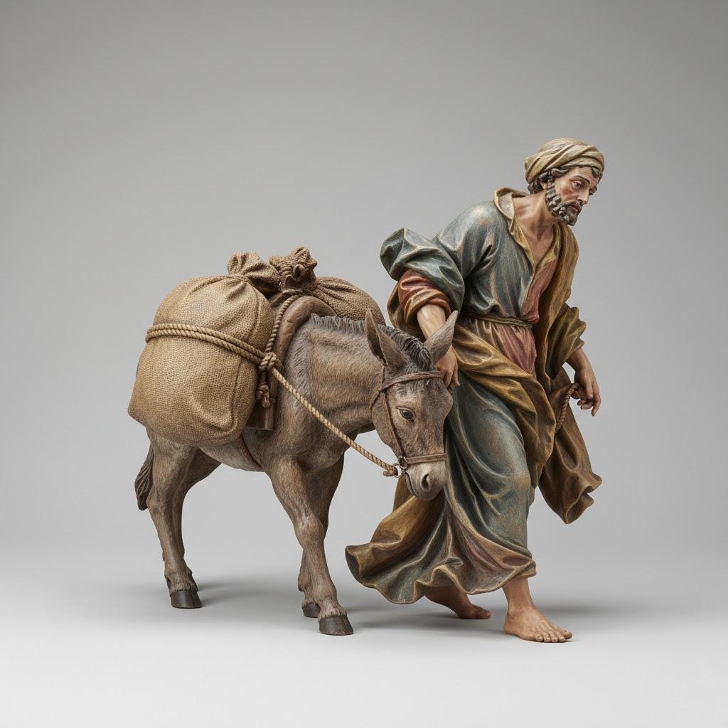 Italian Baroque Nativity Man Guiding Donkey Figurine Religious Scene Companion Sculpture Collector Scale Display Decor