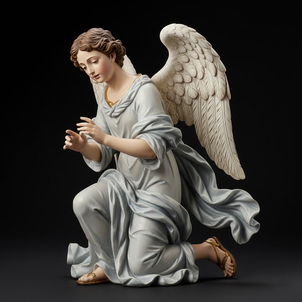 Neapolitan Baroque Angel Figurine Kneeling Annunciation Gesture Ivory Wings Nativity Scene Collector Sculpture Religious Decor