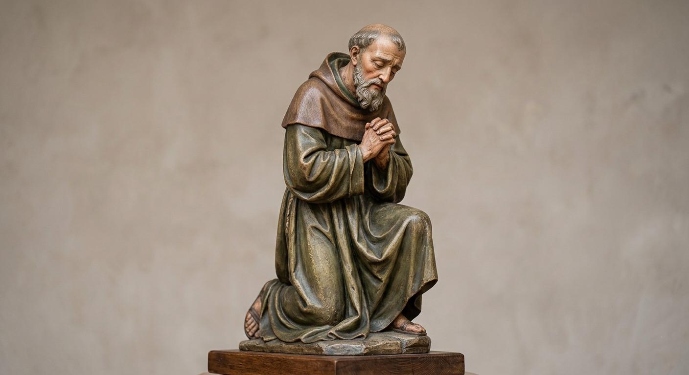 Italian devotional kneeling praying man figurine sacred religious sculpture classical polychrome collector display spiritual decor statue
