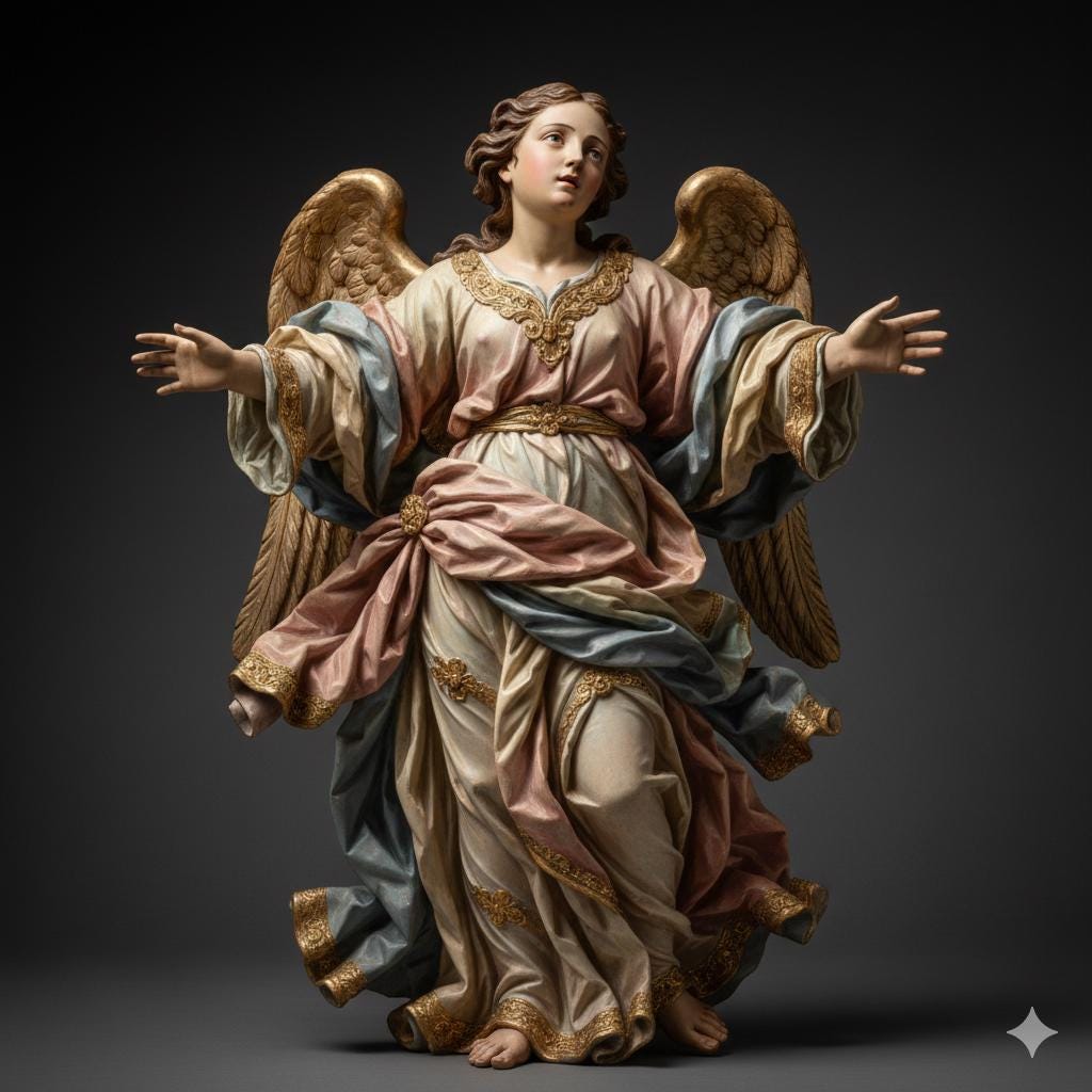 Baroque Angel Figurine Hand Painted Polychrome Arms Open Upward Gaze Religious Sculpture 3D Printed FDM Collectible Catholic Devotional Arts