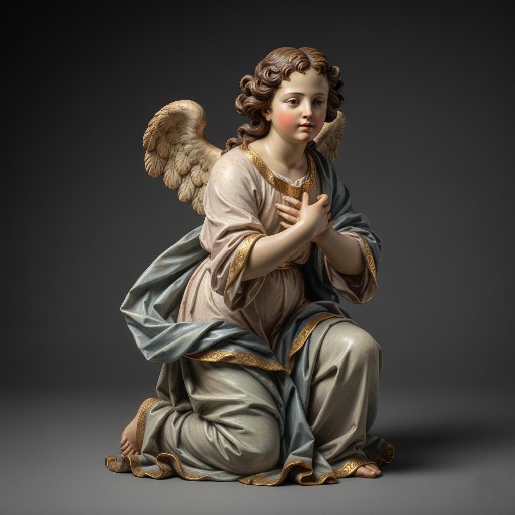 Baroque Olot Kneeling Angel Figurine Hand Painted Polychrome Religious Collectible Sculpture 3D Printed FDM Devotional Catholic Statue Decor