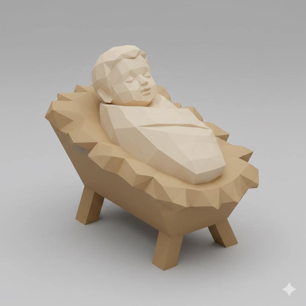 Baby Jesus Manger Low Poly Nativity Figurine 3D Printed Hand Painted Christmas Decor Collectible Sculpture Made to Order