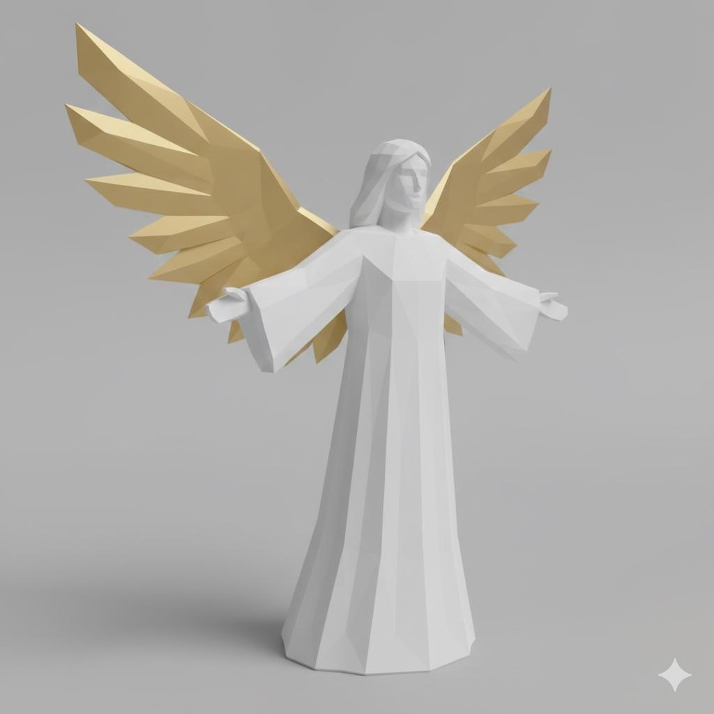 Angel Figurine Low Poly Nativity Standing Gold Wings Hand Painted 3D Printed Christmas Decor Collectible Religious Sculpture Made to Order