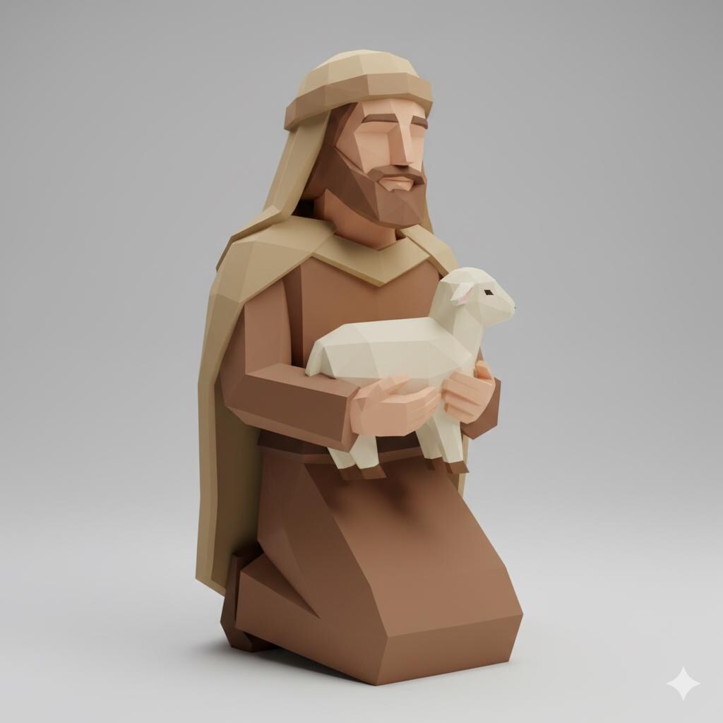 Shepherd with Lamb Low Poly Nativity Figurine 3D Printed Hand Painted Christmas Decor Collectible Sculpture Custom Sizes Made to Order