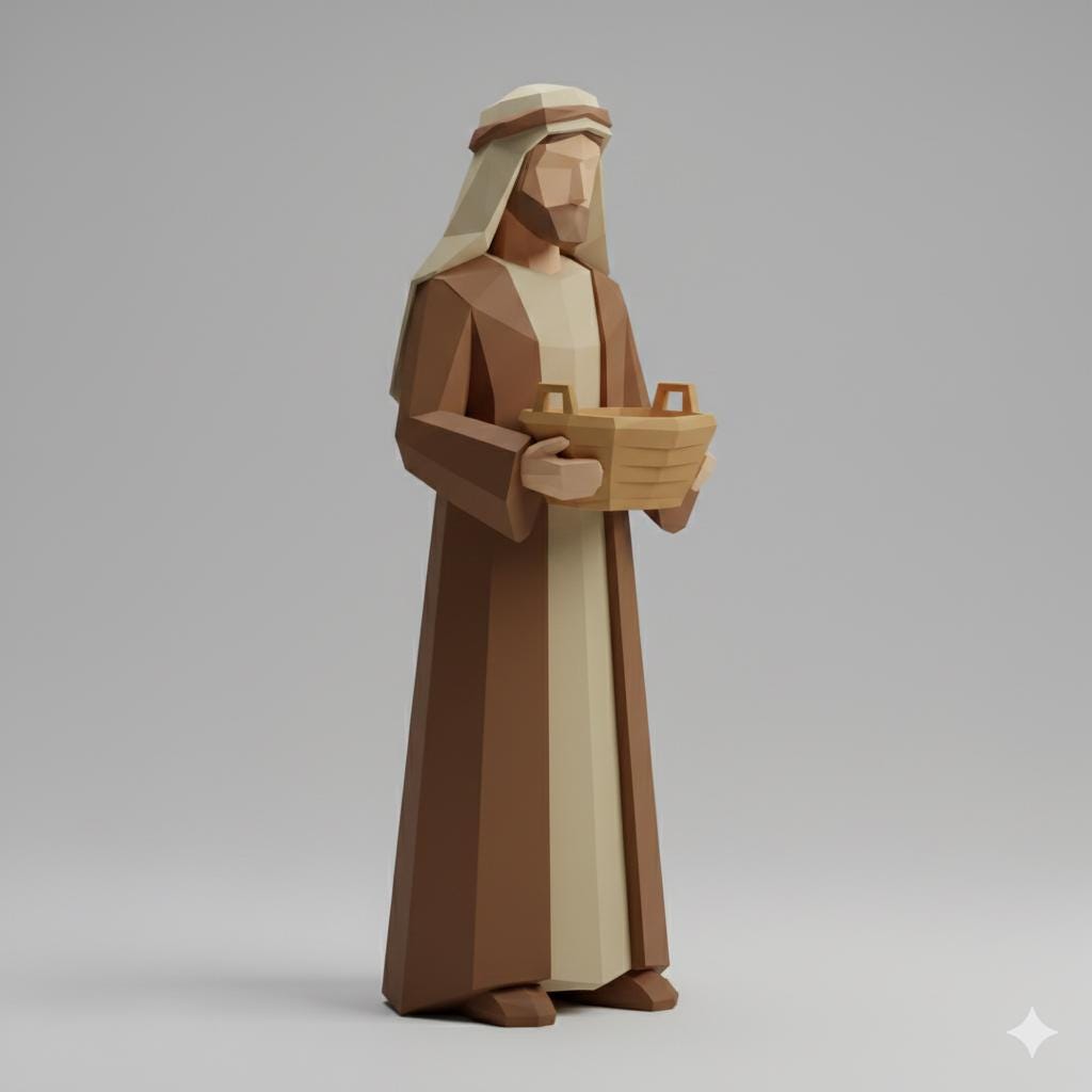 Shepherd with Basket Low Poly Nativity Figurine 3D Printed Hand Painted Christmas Decor Collectible Religious Sculpture Made to Order