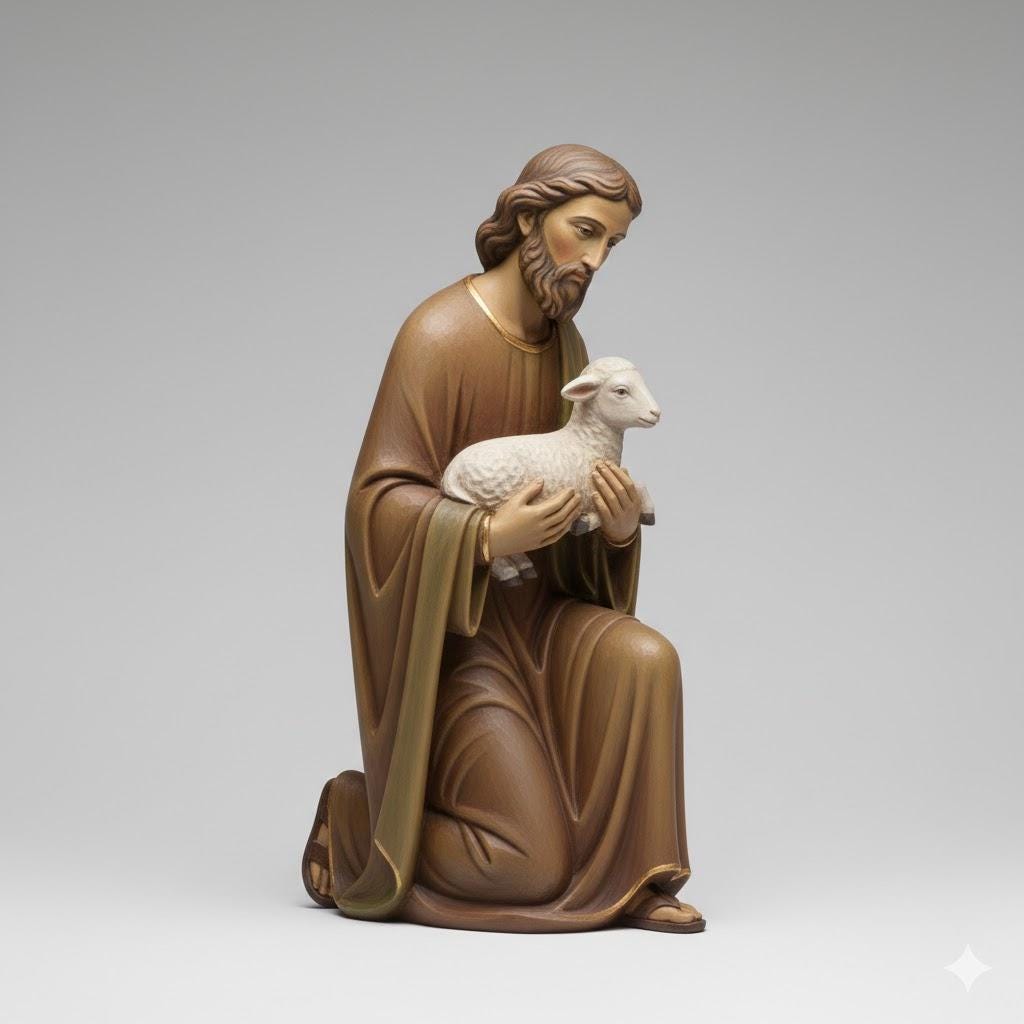 Shepherd Kneeling with Lamb Iconographic Nativity Figurine 3D Printed Hand Painted Christmas Decor Collectible Religious Gift
