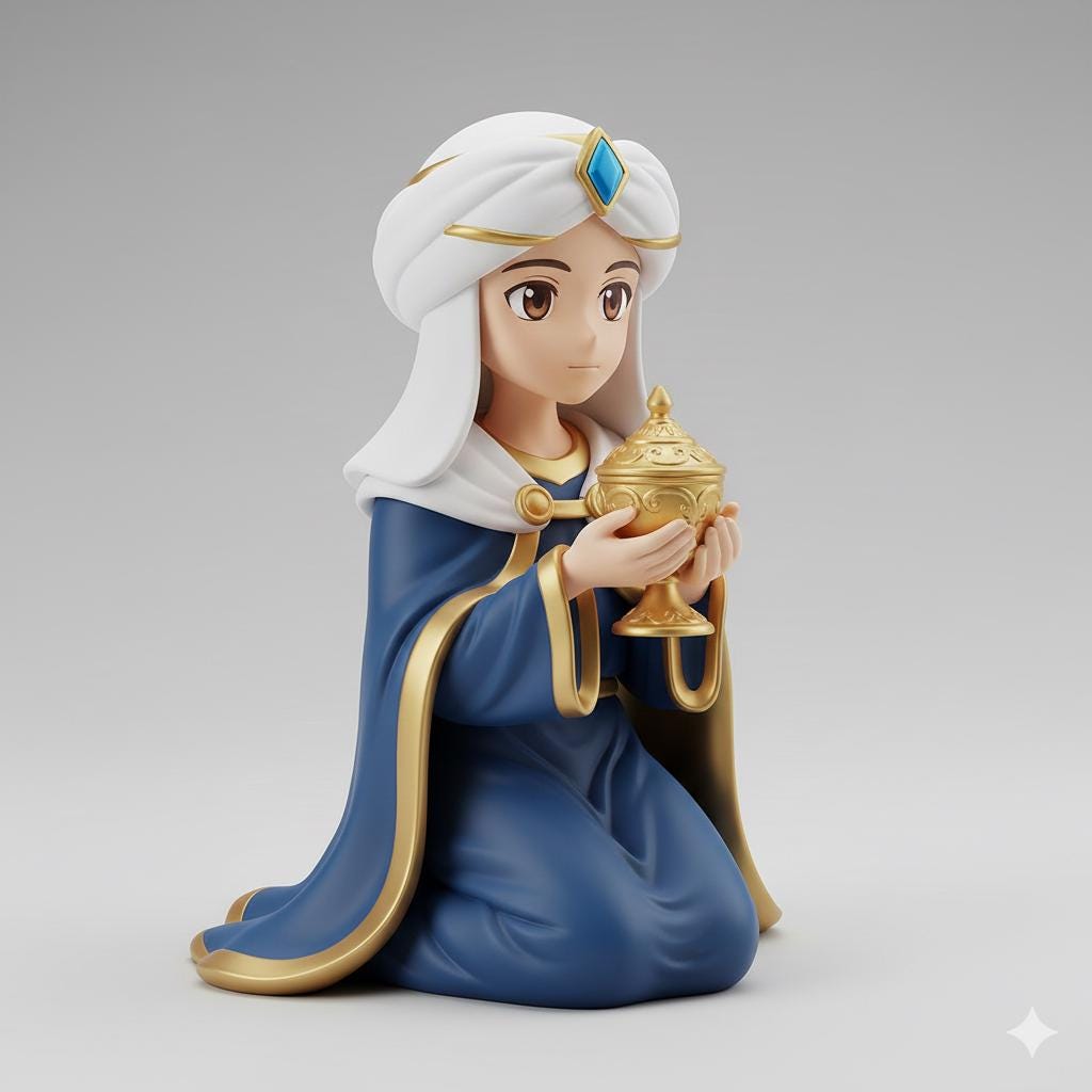 Anime Style Wise Man Kneeling Figurine Hand Painted Nativity Collectible Sculpture 3D Printed FDM Christmas Decor Manga Three Kings Gift
