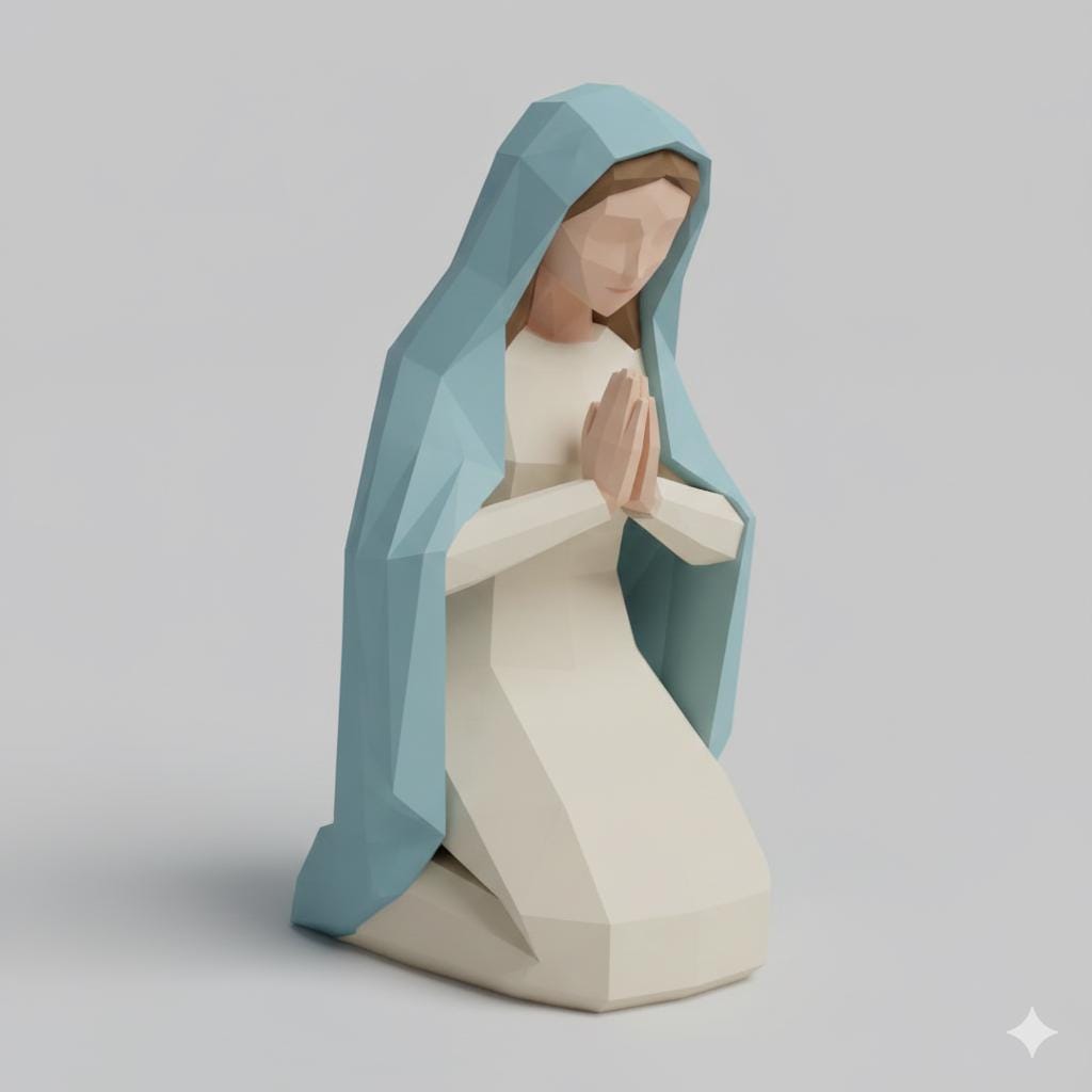 Virgin Mary Kneeling Low Poly Nativity Figurine 3D Printed Hand Painted Christmas Decor Collectible Religious Sculpture Made to Order