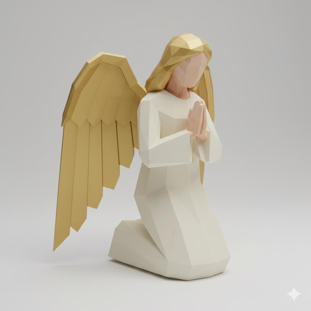 Angel Kneeling Praying Low Poly Nativity Figurine 3D Printed Hand Painted Gold Wings Christmas Decor Collectible Sculpture Made to Order