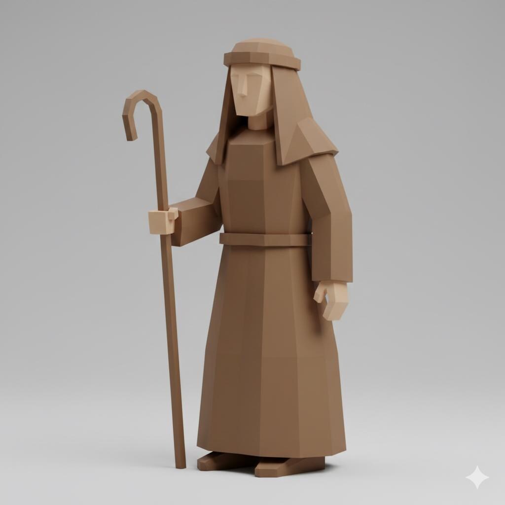 Shepherd Standing Staff Low Poly Nativity Figurine 3D Printed Hand Painted Christmas Decor Collectible Religious Sculpture Made to Order