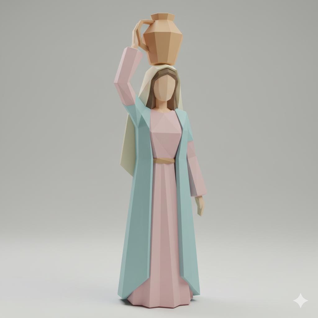 Village Woman Water Jug Low Poly Nativity Figurine 3D Printed Hand Painted Christmas Decor Collectible Sculpture Made to Order