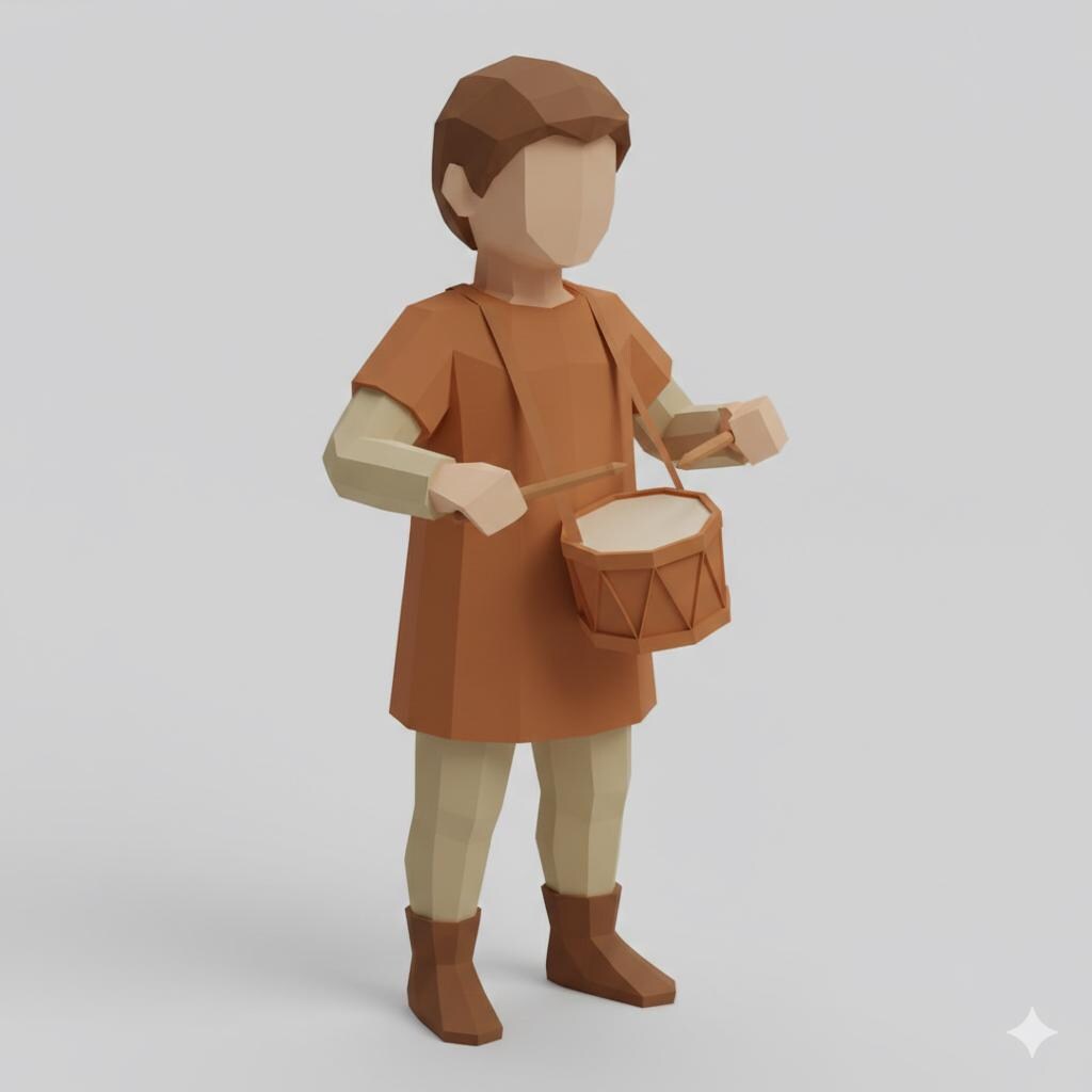 Young Drummer Low Poly Nativity Figurine 3D Printed Hand Painted Christmas Decor Collectible Sculpture Custom Sizes Made to Order