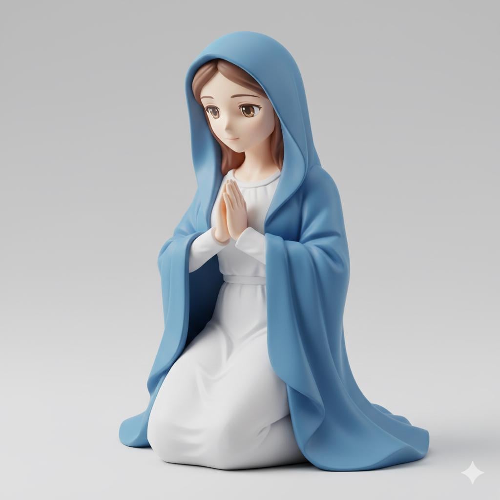 Anime Style Virgin Mary Kneeling Figurine Hand Painted Nativity Collectible Sculpture 3D Printed FDM Religious Christmas Decor Manga Gift