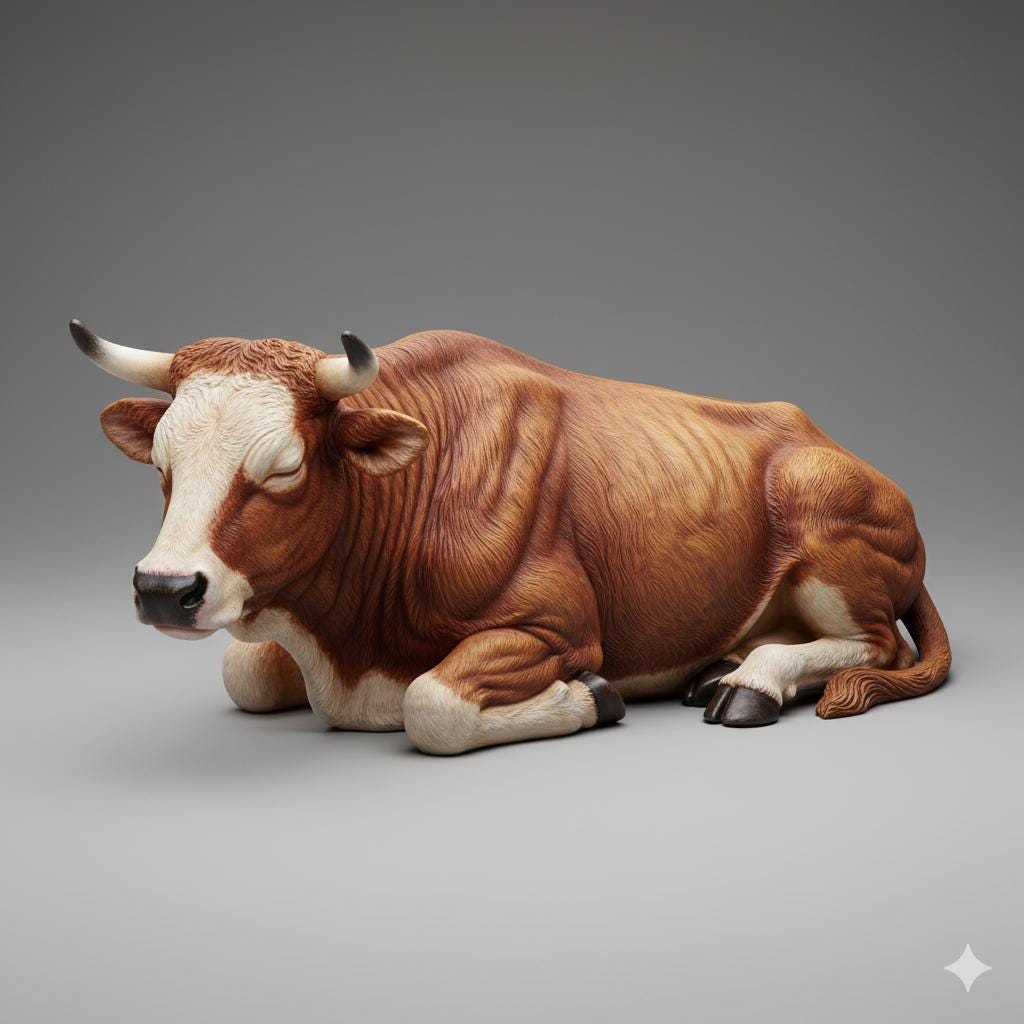 Nativity Ox Resting Hyper Realistic Figurine Hand Painted 3D Printed Christmas Decor Collectible Nativity Animal Sculpture