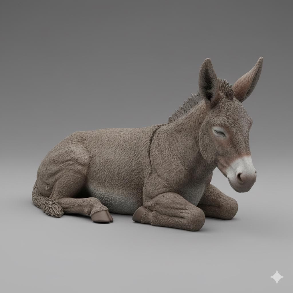 Nativity Donkey Resting Hyper Realistic Figurine Hand Painted 3D Printed Christmas Decor Collectible Nativity Animal Sculpture